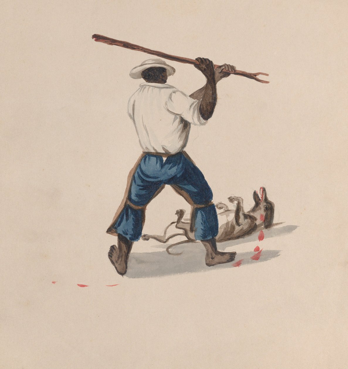 Um homem visto por trás a bater num cão com um pau, de um grupo de desenhos que representam..., ca. 1848 de Francisco