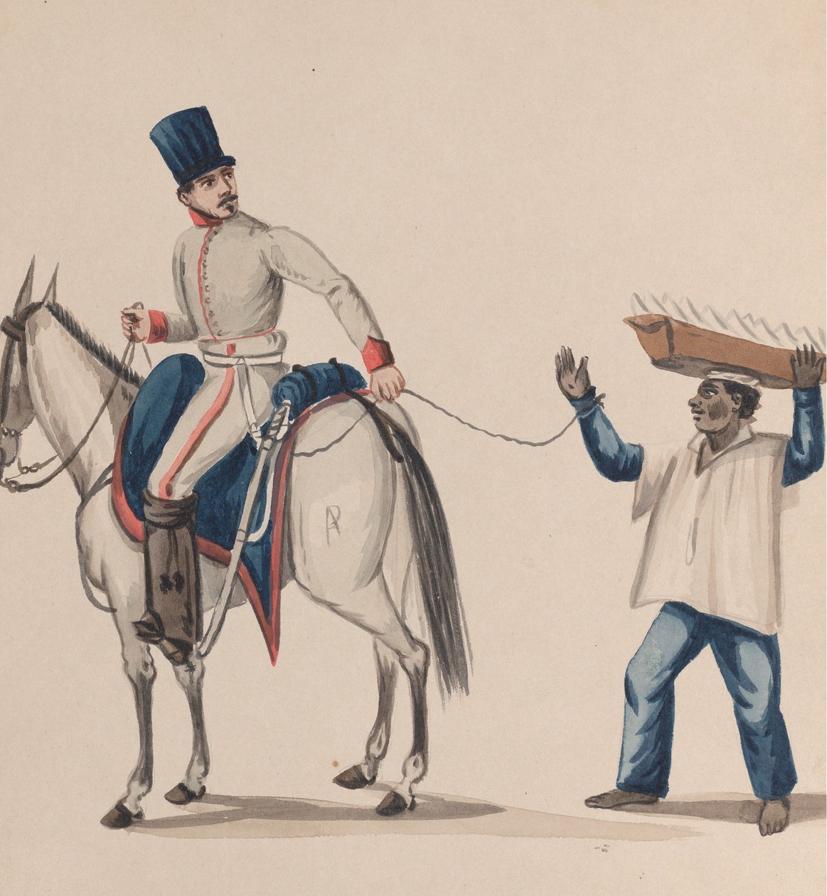 Um soldado a cavalo segurando uma corda que prende um escravo indígena equilibrando um prato..., c. 184 de Francisco