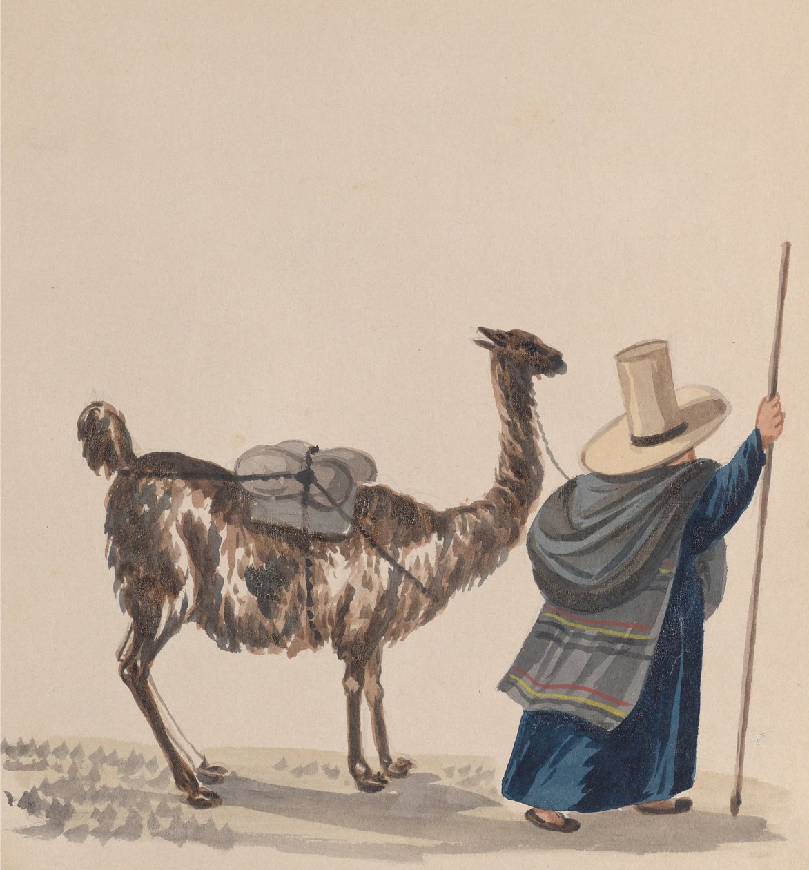 Uma mulher andando com uma lhama, de um grupo de desenhos representando trajes peruanos, ca. 1848. de Francisco