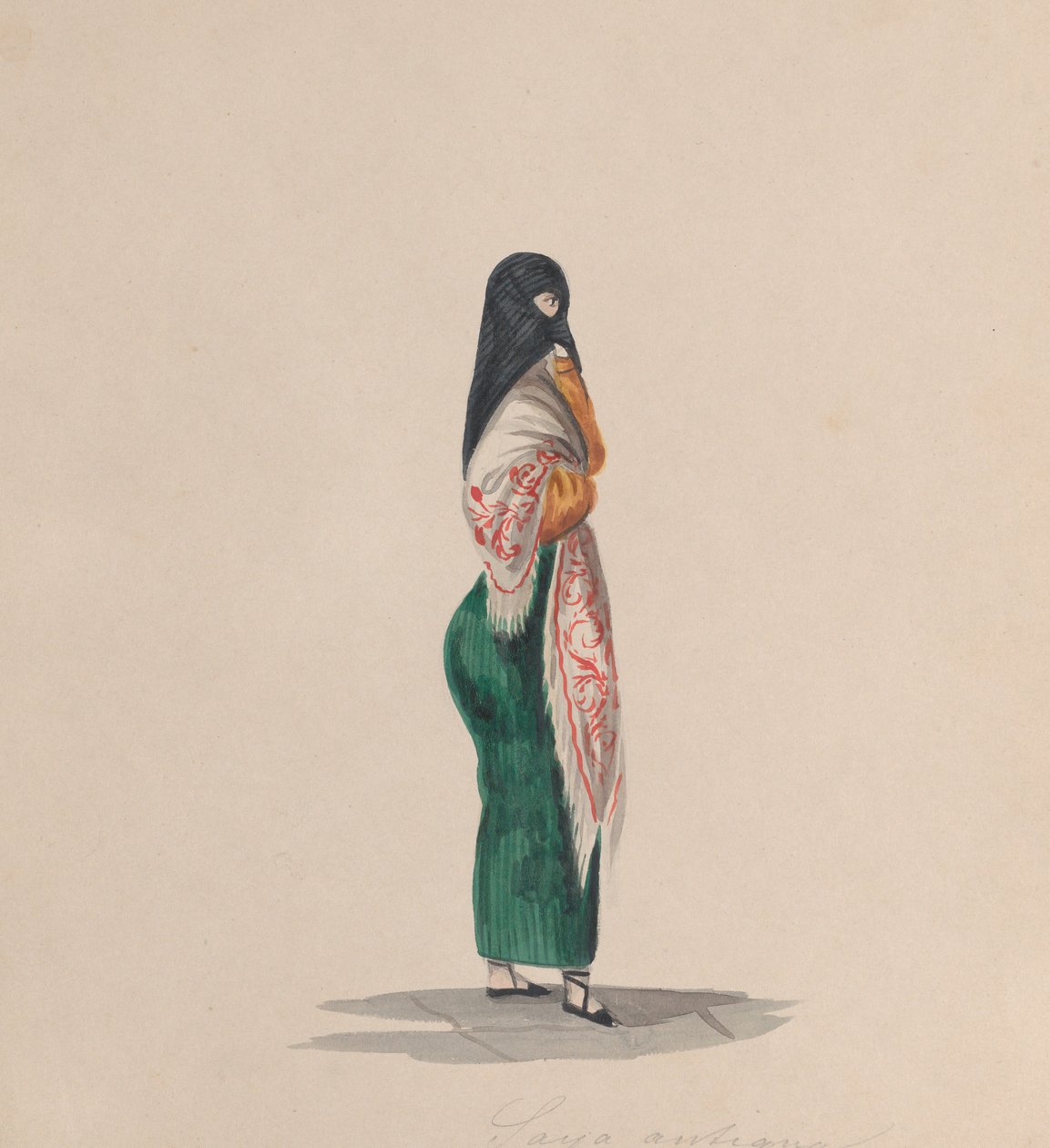 Uma mulher usando o saya de perfil, de um grupo de desenhos representando o peruano..., ca.184 de Francisco