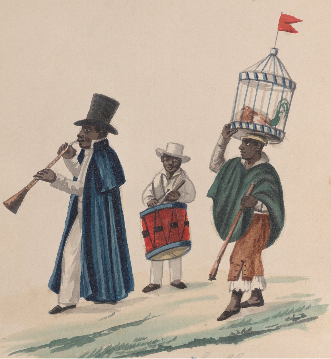 Dois músicos e um homem carregando na cabeça um galo na jaula, de um grupo de..., ca. 1848. de Francisco