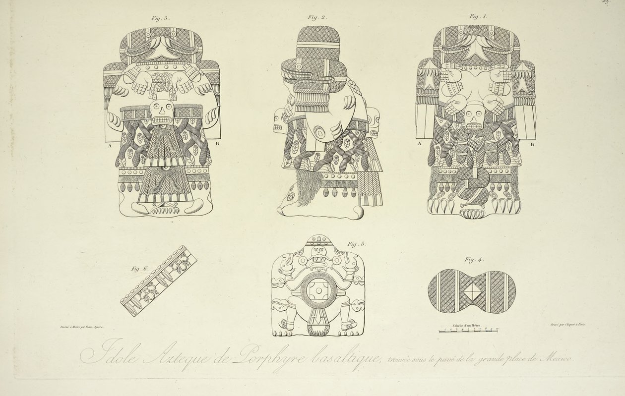 Ídolo Asteca de Porfírio Basáltico, encontrado sob a Grande Praça da Cidade do México, gravado por Cloquet, ilustração de &39;Imagens das Cordilheiras e Monumentos dos Povos Indígenas da América&39;, de Alexander von Humboldt e Aime Bonpland de Francisco Aguera Bustamante