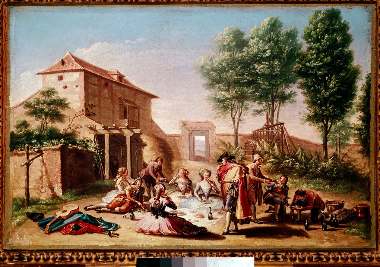 Almoço no campo: jovens da burguesia fazendo um piquenique. Pintura de Francisco Bayeu y Subias de Francisco Bayeu y Subias