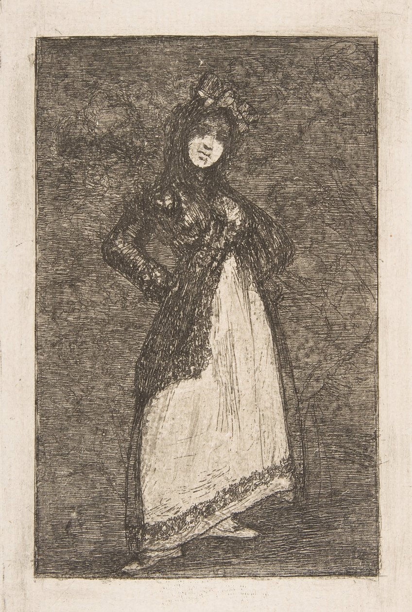 Um Maja de pé contra um fundo escuro Maja. de Francisco de Goya