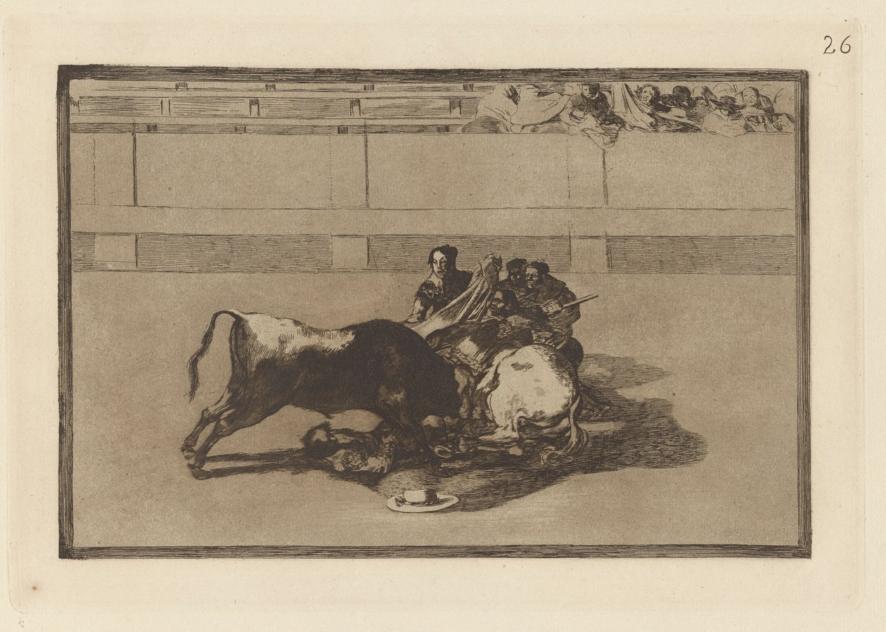 Caida de un picador de su caballo debajo del toro (Um Picador é Desmontado e cai sob o Touro), Placa 26 de La tauromaquia (Tourada) de Francisco de Goya