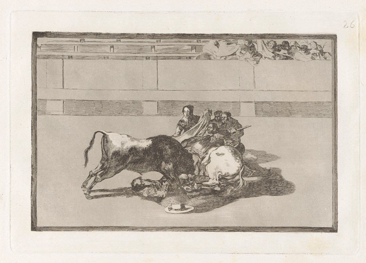 Caida de un picador de su caballo debajo del toro (Um Picador é Desmontado e cai sob o Touro), Placa 26 de La tauromaquia (Tourada) de Francisco de Goya