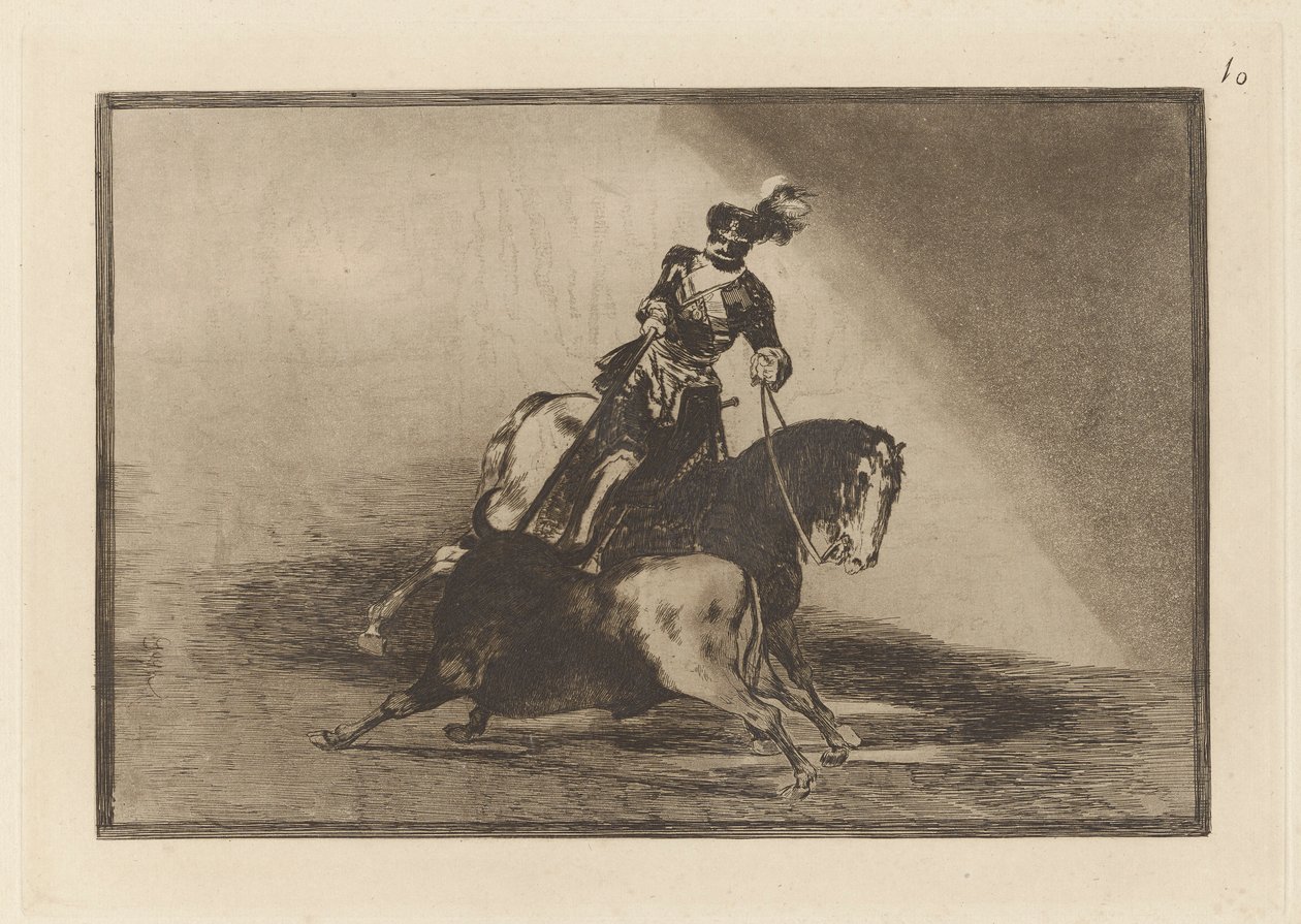 Carlos V. Lançando um touro na Plaza de Valladolid (Charles V. Lançando um touro no ringue de Valladolid), Placa 10 de La tauromaquia de Francisco de Goya