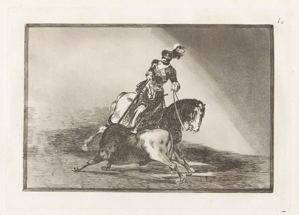 Carlos V. lanceando un toro en la plaza de Valladolid (Charles V Spearing a Bull in the Ring at Valladolid), Placa 10 de La tauromaquia de Francisco de Goya