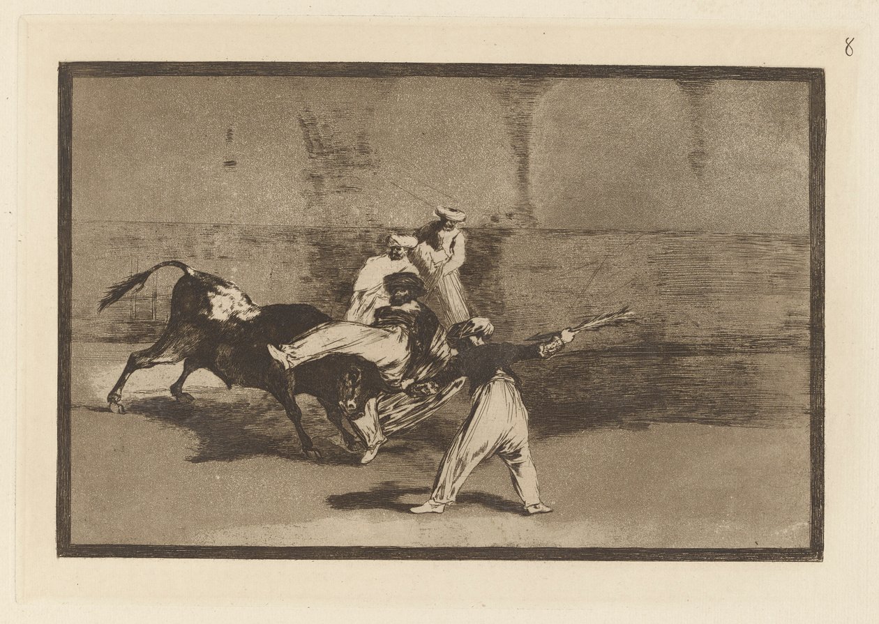 Cogida de un Moro permanecer en la plaza (Um mouro capturado pelo touro no ringue), Placa 8 de La tauromaquia de Francisco de Goya
