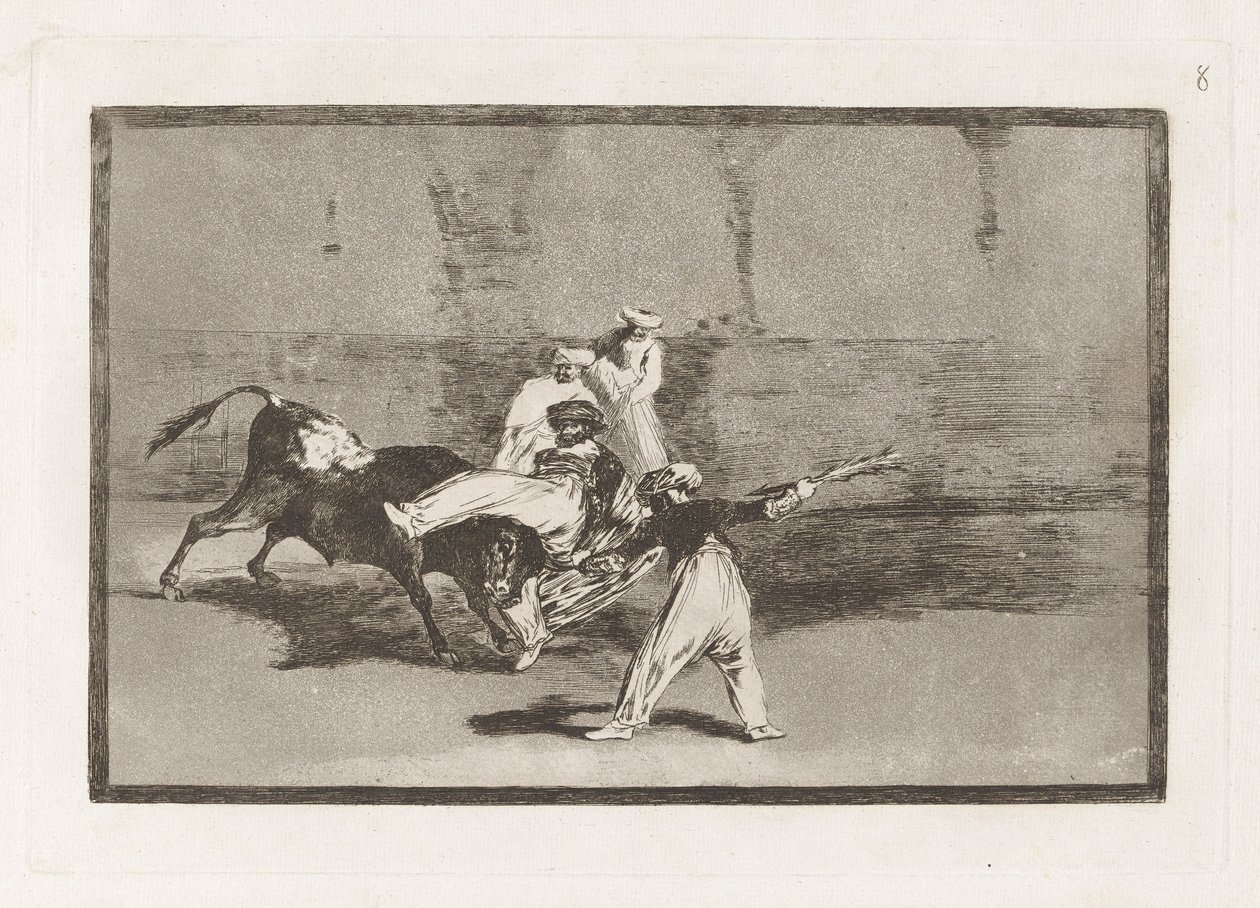 Cogida de un moro permanecer en la plaza (A Moor Caught by the Bull in the Ring), Placa 8 de La tauromaquia de Francisco de Goya