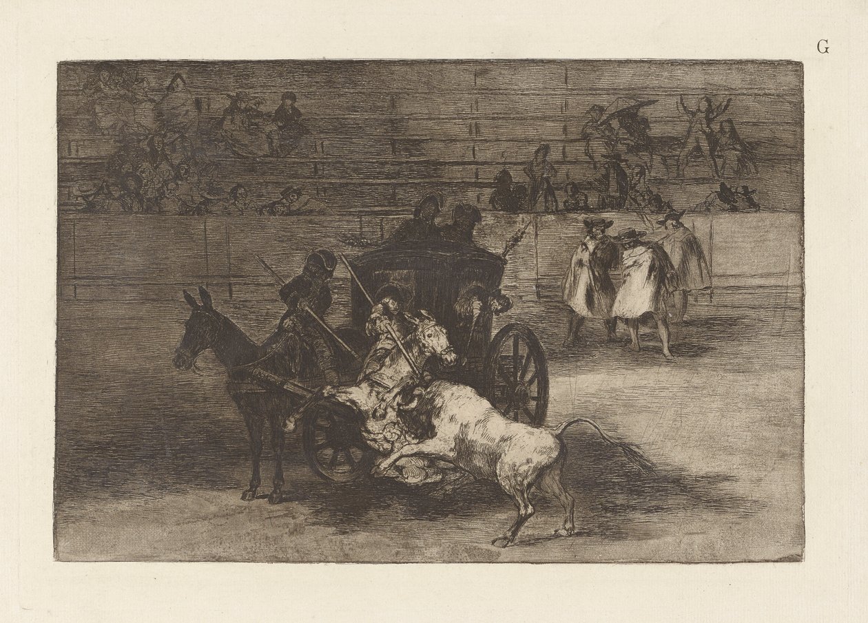 Combat dans une voiture attelee de deux mulets (Combat dans une voiture attelee de deux mulets), Plate G de La tauromaquia (terceira edição) de Francisco de Goya