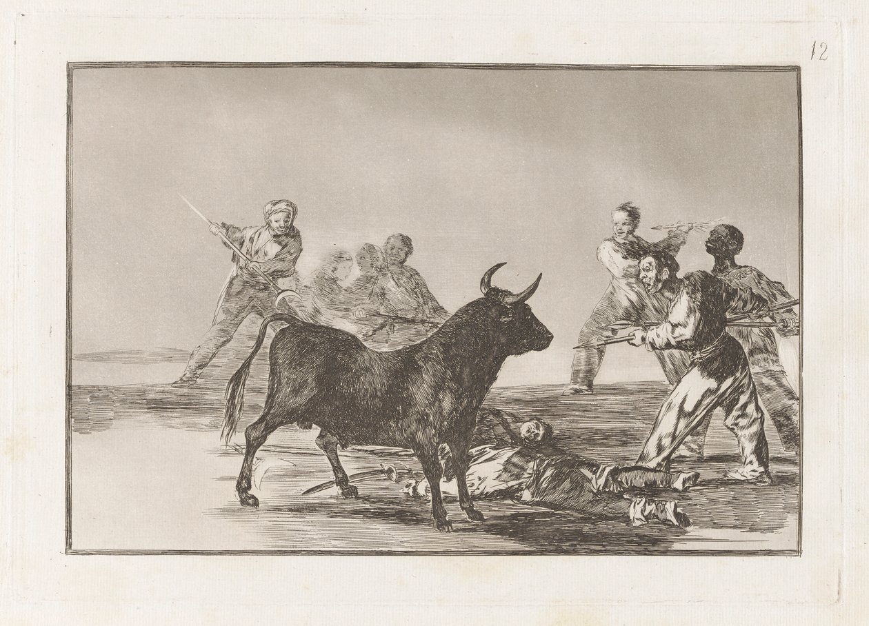 A ralé o touro com lanças, foices, banderillas e outras armas, placa 12 de La tauromaquia de Francisco de Goya