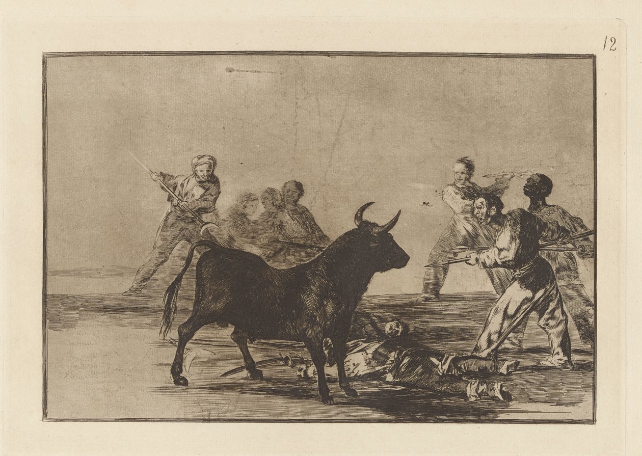 A ralé o touro com lanças, foices, banderillas e outras armas, placa 12 de La tauromaquia de Francisco de Goya