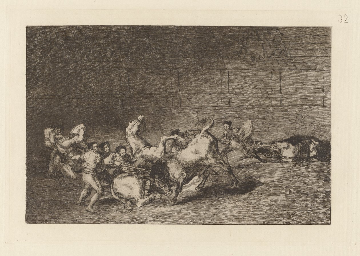 Dos grupos de picadores arrolados de seguida por um toro solo (Duas Equipas de Picadores Arremessados Um Após o Outro por um Único Touro), Placa 32 de La tauromaquia (Tourada) de Francisco de Goya