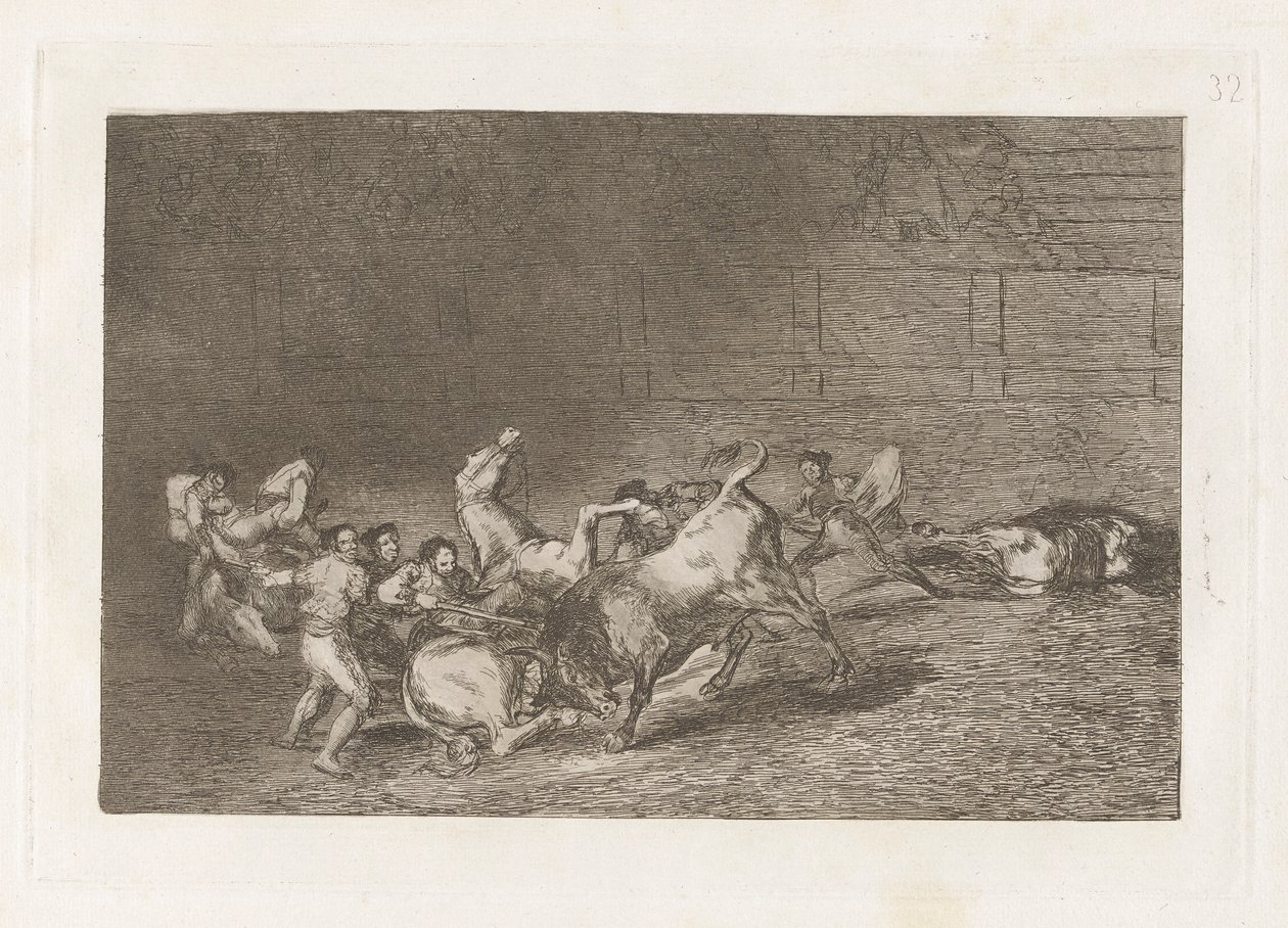 Duas equipes de picadores lançados um após o outro por um único touro, placa 32 de La tauromaquia de Francisco de Goya