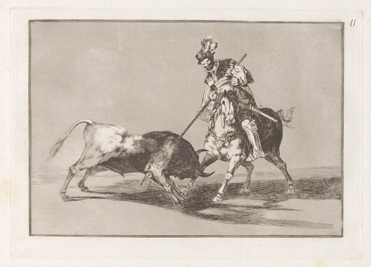 El Cid Campeador lançando outro touro (O Cid Campeador lançando outro touro), Placa 11 de La tauromaquia de Francisco de Goya