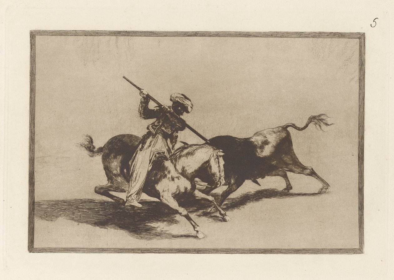 El animoso Moro Gazul es el primero que lance? toros en regla. (O Spirited Moor Gazul é o Primeiro a Lança Touros de acordo com as Regras), Prato 5 de La tauromaquia de Francisco de Goya