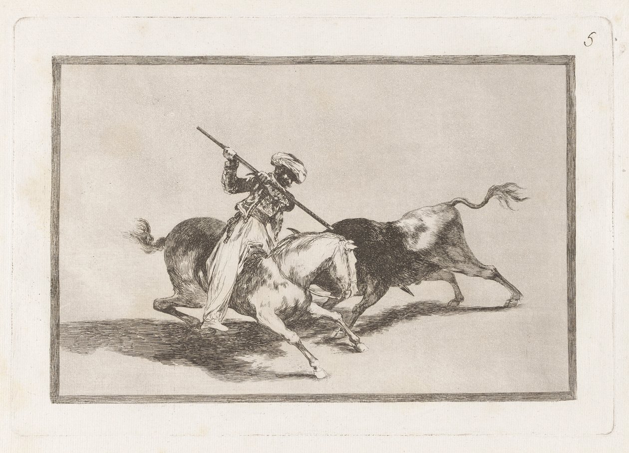 O espirituoso mouro Gazul é o primeiro a lançar? touros em regra (The Spirited Moor Gazul é o primeiro a lançar touros de acordo com as regras), placa 5 de La tauromaquia de Francisco de Goya