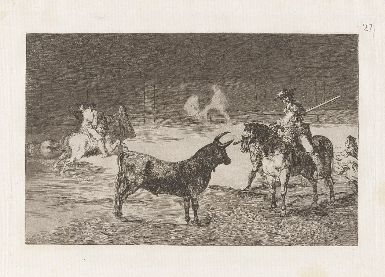 El c?lebre Fernando del Toro, barilarguero, forçando a besta com sua vara (O Celebrado Picador, Fernando del Toro, Desenha a Fera Feroz com seu Pique), Placa 27 de La tauromaquia de Francisco de Goya