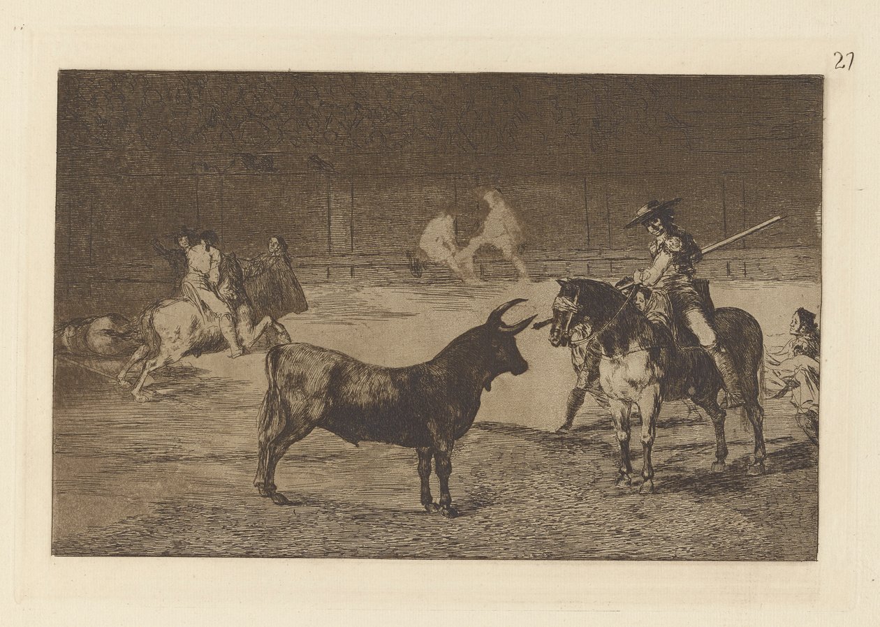 O Festejado Picador, Fernando del Toro, Arrasta a Fera com o seu Piqué (El c?lebre Fernando del Toro, barilarguero, obrigando ? la fiera con su garrocha), Prato 27 de La tauromaquia de Francisco de Goya