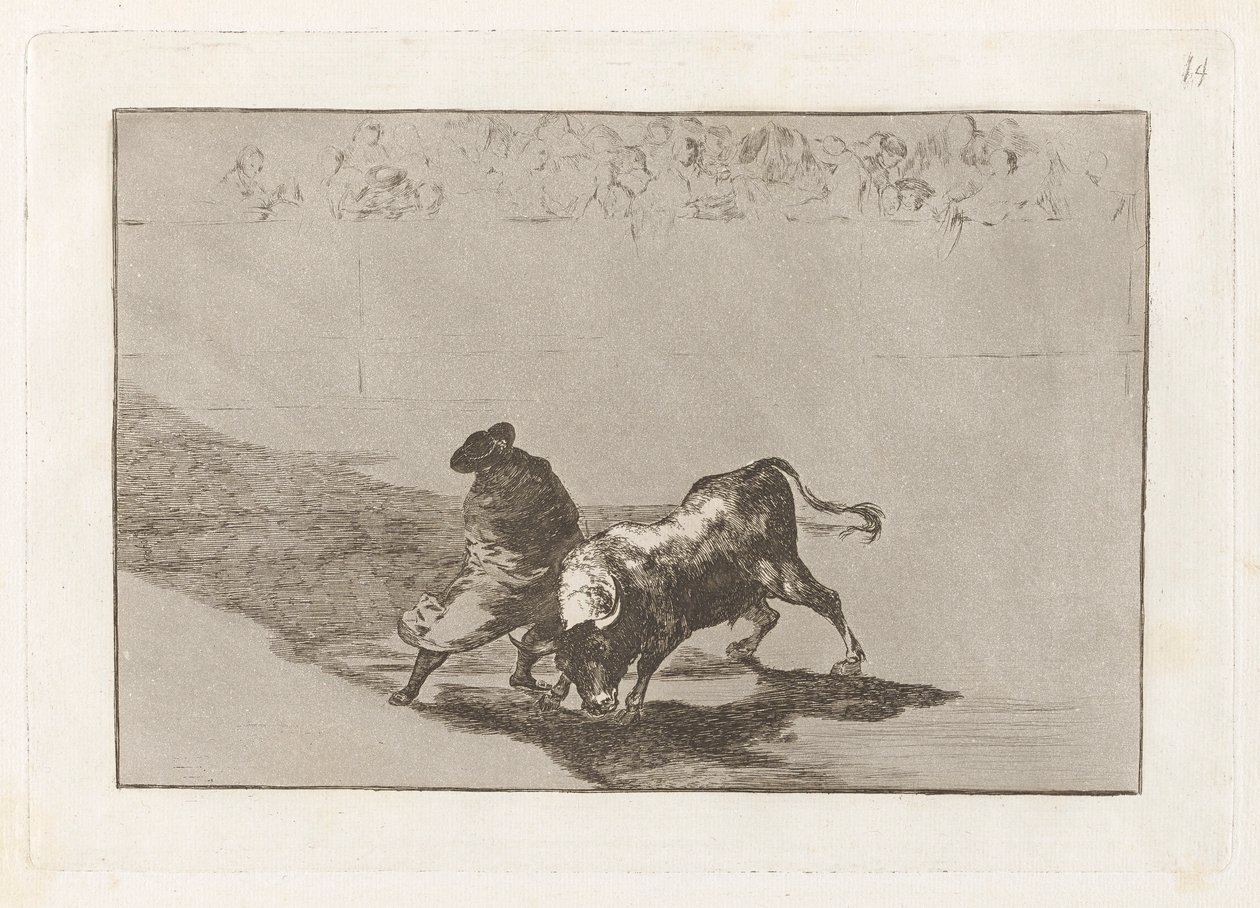 El diestr?smo estudiante de Falces, embozado burla al toro con sus quiebros (O Muito hábil aluno de Falces, Embrulhado no seu Cabo, Truques o Touro com o Jogo do seu Corpo), Placa 14 de La tauromaquia de Francisco de Goya