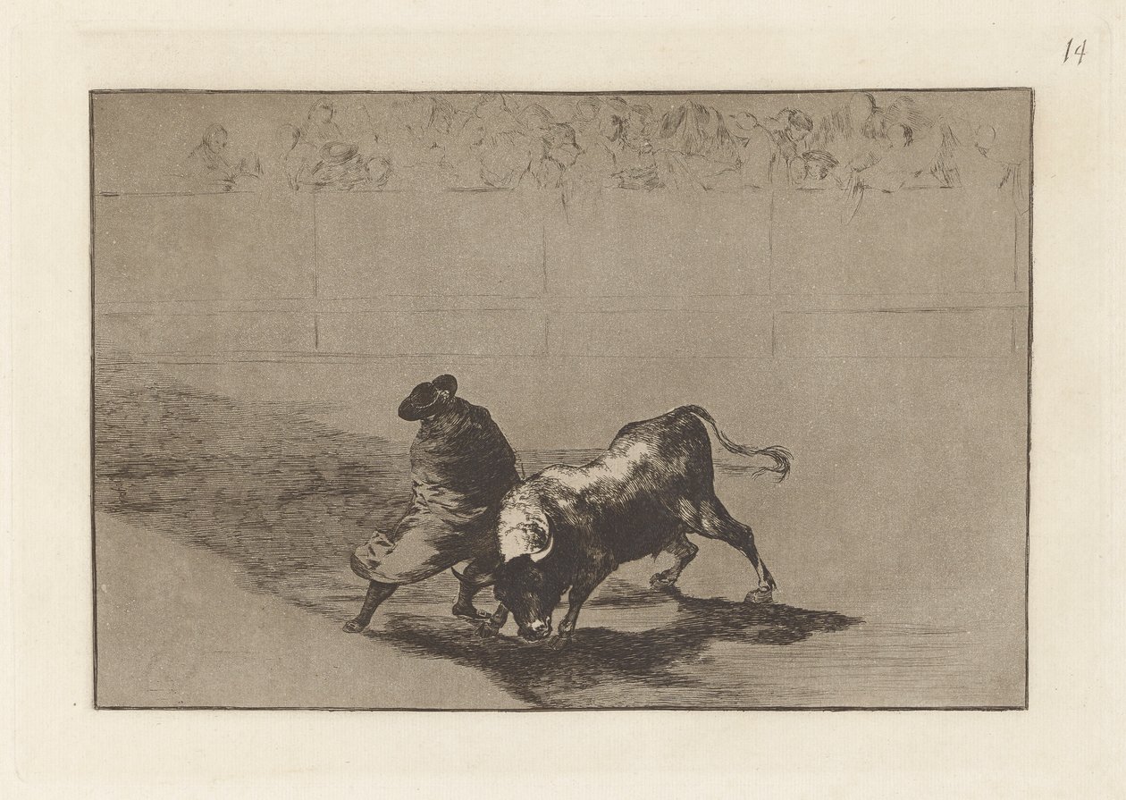 El diestr?smo estudiante de Falces, embozado burla al toro con sus quiebros (O Muito hábil aluno de Falces, Embrulhado no seu Cabo, Truques o Touro com o Jogo do seu Corpo), Placa 14 de La tauromaquia de Francisco de Goya