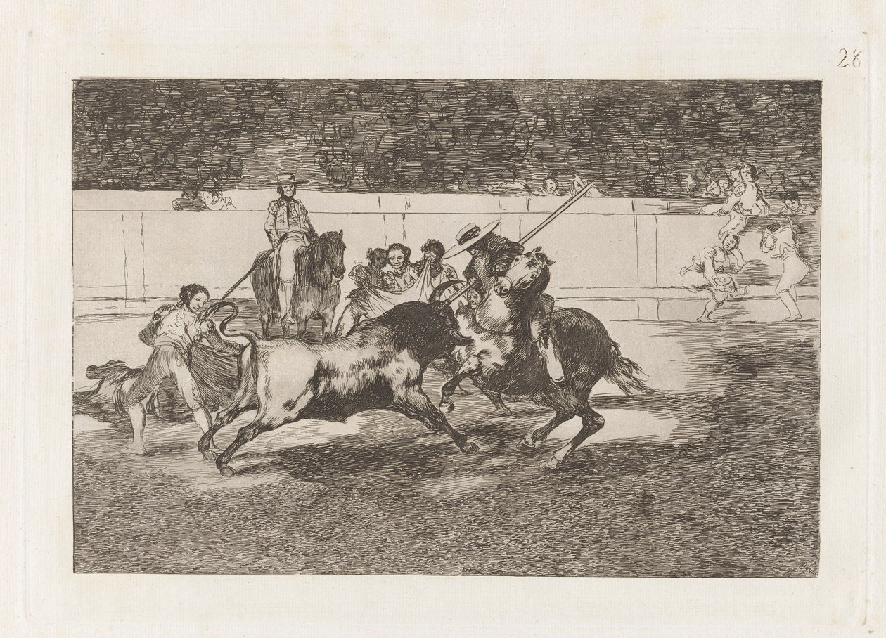 O extenuante Rendon mordendo um touro, de quem ele morreu? en la plaza de Madrid (O Forte Rendon Apunhala um Touro com o Pique, de que Passe Ele Morreu no Anel de Madri), Placa 28 de La tauromaquia de Francisco de Goya