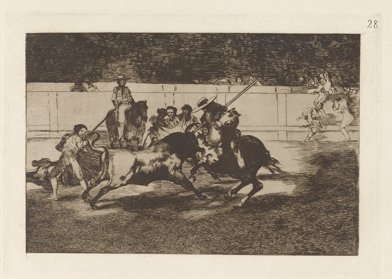 O extenuante Rendon mordendo um touro, de quem ele morreu? en la plaza de Madrid (O Forte Rendon Apunhala um Touro com o Pique, de que Passe Ele Morreu no Anel de Madri), Placa 28 de La tauromaquia de Francisco de Goya