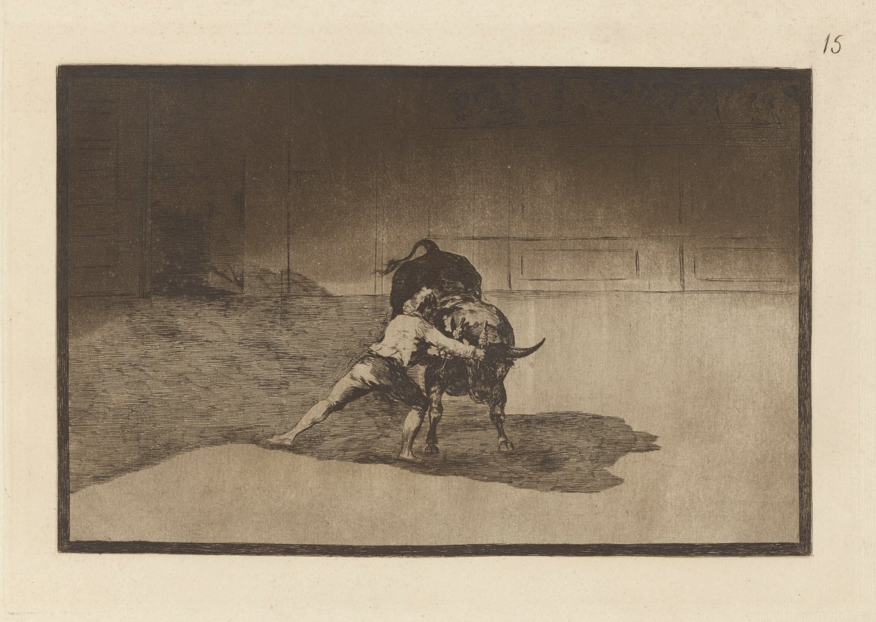 El famoso Martincho, poniendo banderillas al quiebro. (O famoso Martincho coloca as Banderillas a tocar o Touro com o Movimento do seu Corpo), Placa 15 de La tauromaquia de Francisco de Goya