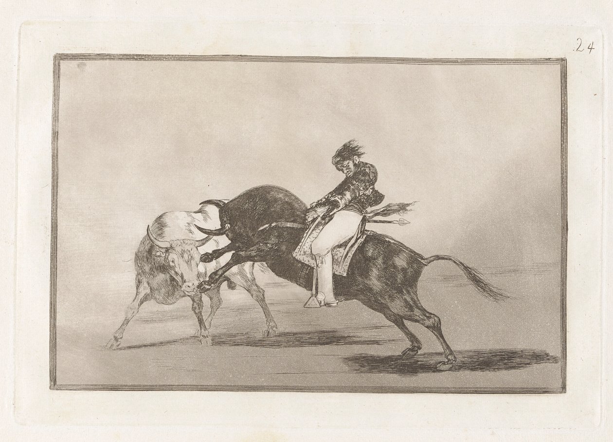 El mismo Ceballos montado sobre otro toro quiebra rejones en la plaza de Madrid (O mesmo Ceballos montado em Outro Touro Quebra Lanças Curtas no Anel em Madrid), Placa 24 de La tauromaquia de Francisco de Goya