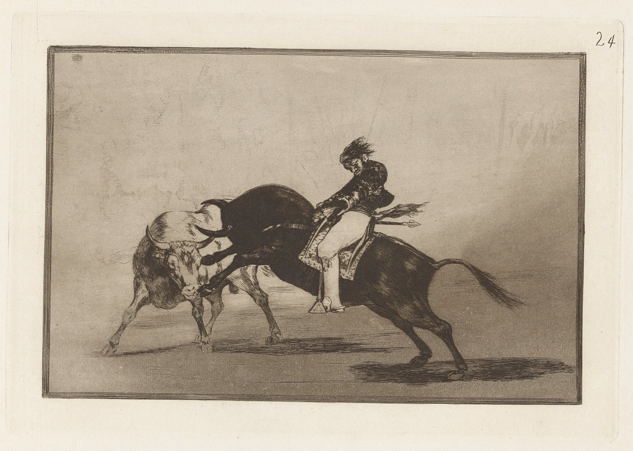 Os mesmos Ceballos montados em outro touro quebra Rejones na Plaza de Madrid (Os mesmos ceballos montados em outro touro quebra lanças curtas no ringue em Madrid), Placa 24 de La tauromaquia de Francisco de Goya
