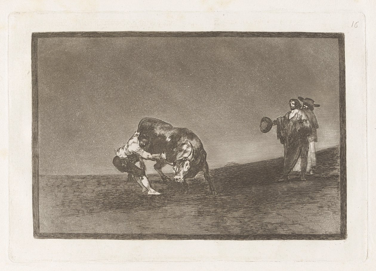 Ele mesmo despeja um touro na praça de Madri (O mesmo homem joga um touro no ringue em Madri), Placa 16 de La tauromaquia de Francisco de Goya