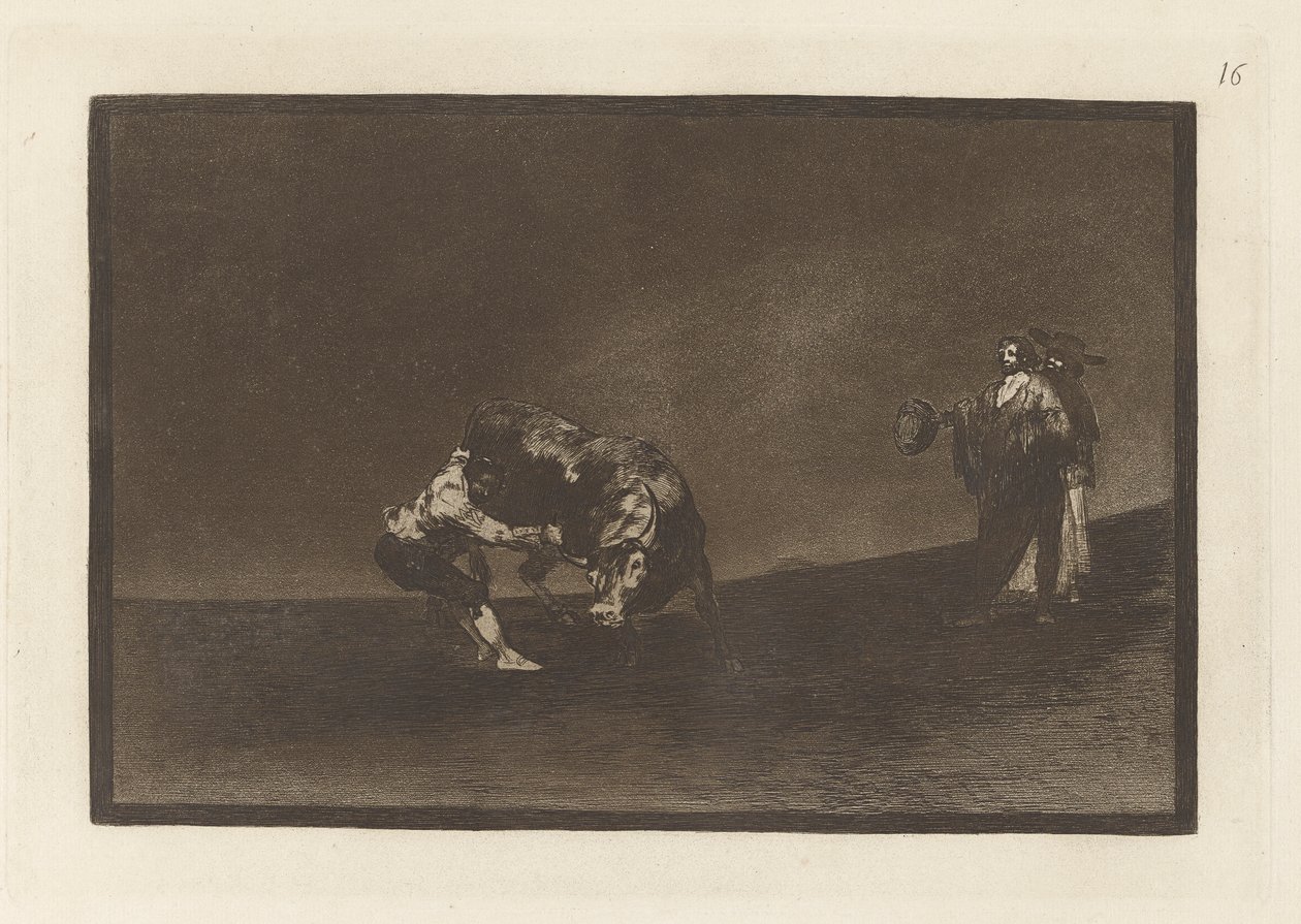 Ele mesmo despeja um touro na praça de Madri (O mesmo homem joga um touro no ringue em Madri), Placa 16 de La tauromaquia de Francisco de Goya