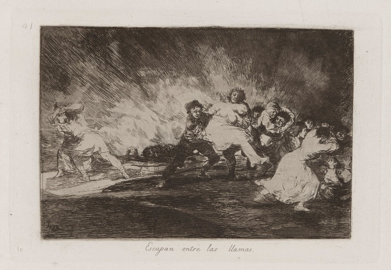 Escapan entre las llamas (Eles escapam através das chamas), Placa 41 de Los desastres de la guerra (Os Desastres da Guerra) de Francisco de Goya