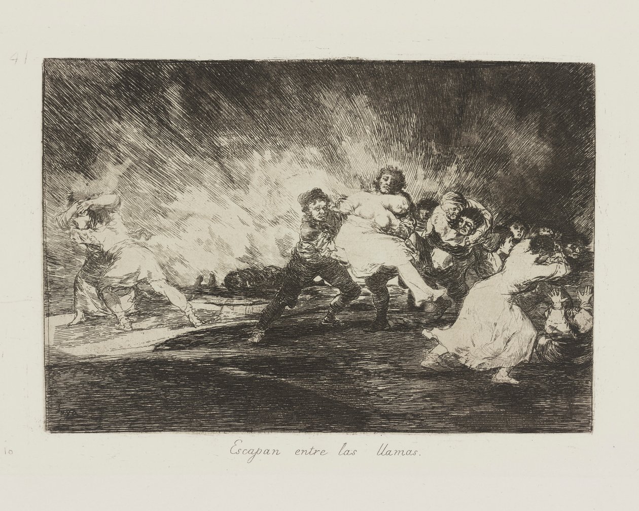 Escapan entre las lhamas. (Eles escapam através das chamas.), pl. 41 da série Los desastres de la guerra (Os Desastres da Guerra) de Francisco de Goya