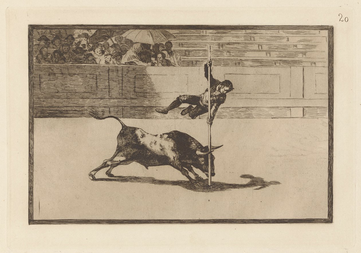 Ligereza y atrevimiento de Juanito Api?ani en la de Madrid (A Agilidade e Audácia de Juanito Apinani em [o Anel] em Madrid), Placa 20 de La tauromaquia (Tourada) de Francisco de Goya