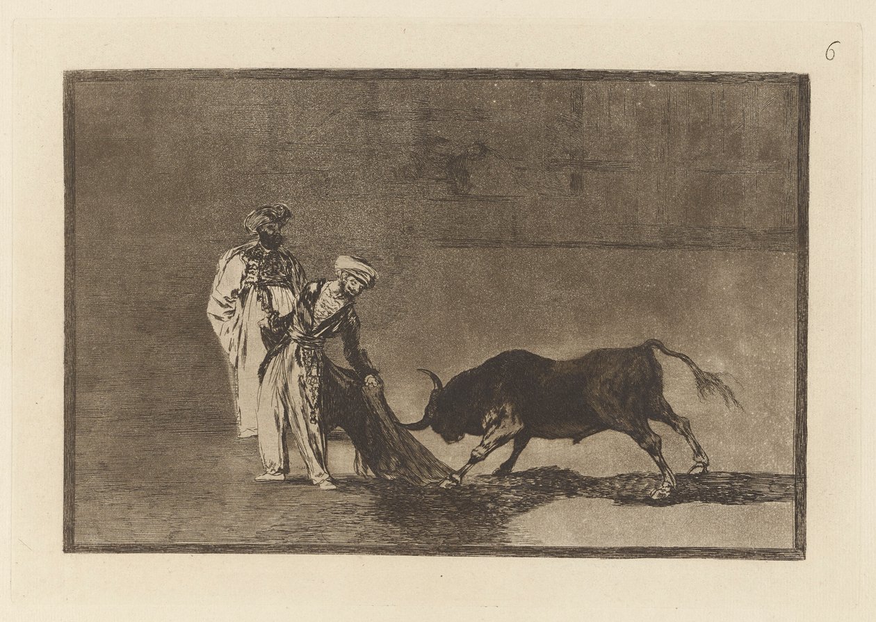 Os mouros fazem outro capeo na praça com seus albornoz (Os mouros fazem um jogo diferente no ringue chamando o touro com seus queimados), placa 6 de La tauromaquia de Francisco de Goya