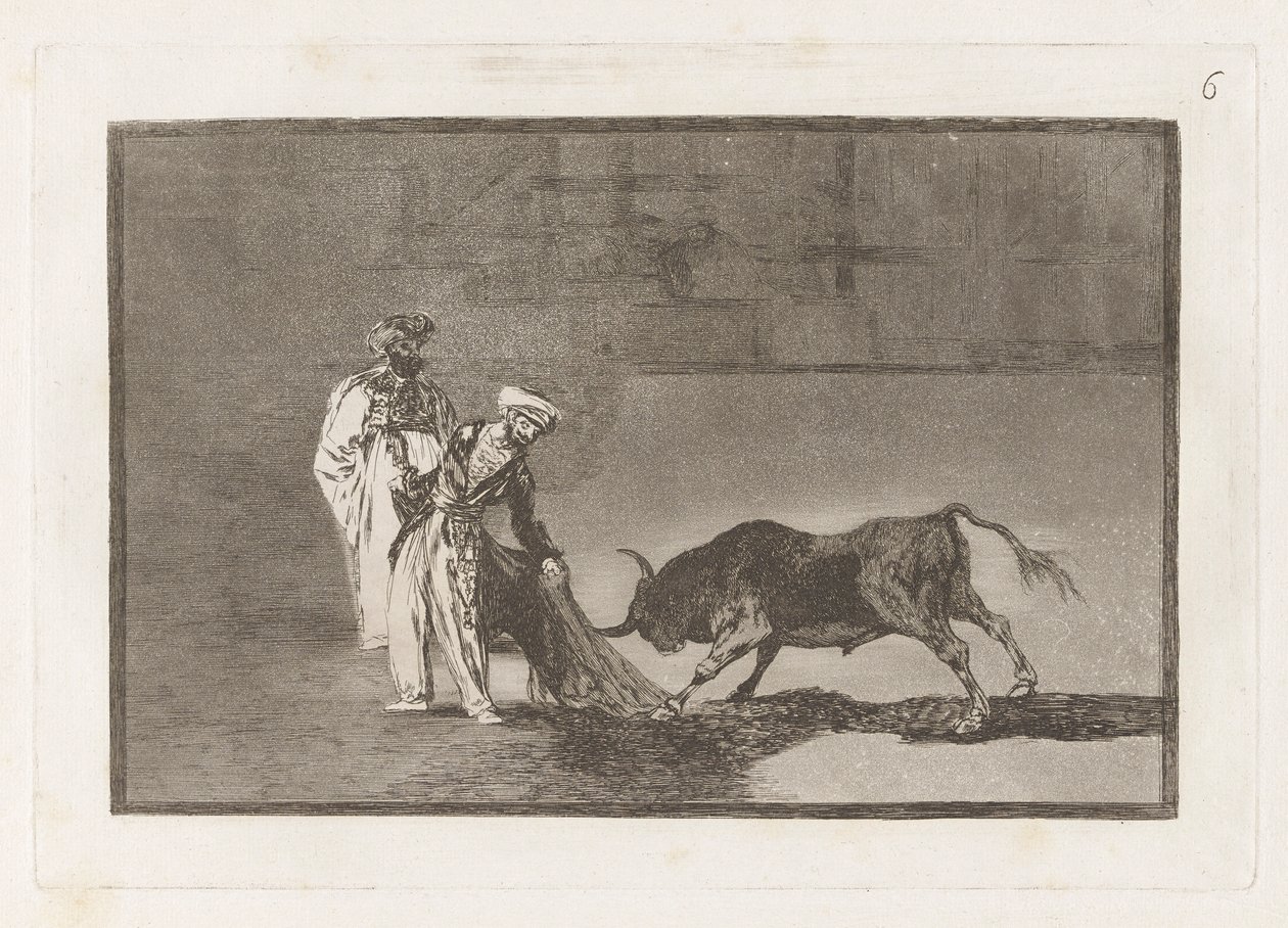Os mouros fazem outro capeo na praça com seus albornoz (Os mouros fazem uma jogada diferente no ringue chamando o touro com seus burnous), Placa 6 de La tauromaquia de Francisco de Goya