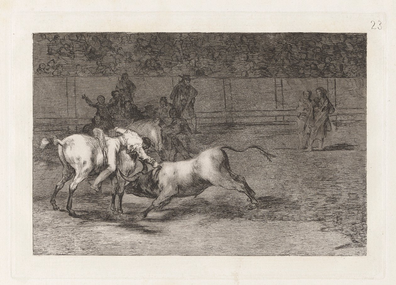 Mariano Ceballos, Alias the Indian, Mata o Touro do seu Cavalo (Mariano Ceballos, Alias el Indio, mata el toro desde su caballo), Placa 23 de La tauromaquia de Francisco de Goya