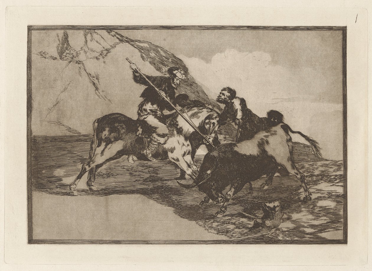 Modo con que los antiguos Espa?oles cazaban los toros ? caballo en el campo (O Caminho em que os Antigos Espanhóis Caçavam Touros a Cavalo no Campo Aberto), Placa 1 de La tauromaquia de Francisco de Goya