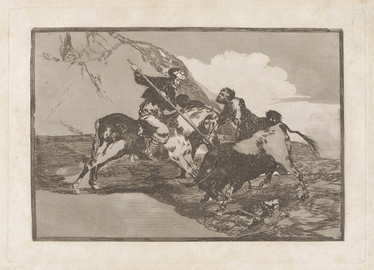 Modo con que los antiguos espa?oles cazaban los toros ? caballo en el campo (O Caminho em que os Antigos Espanhóis Caçavam Touros a Cavalo no Campo Aberto), Placa 1 de La tauromaquia de Francisco de Goya