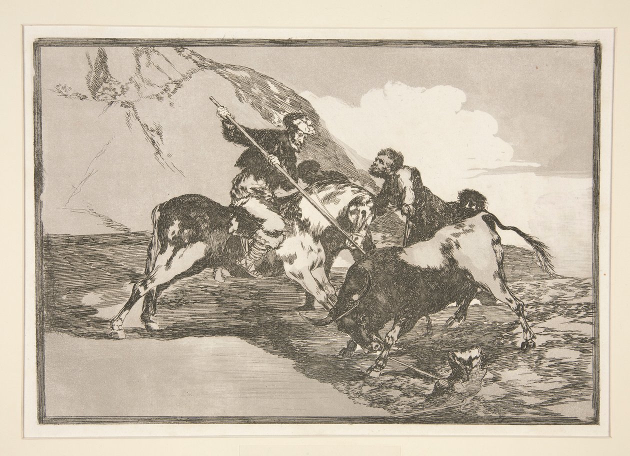 Como os antigos espanhóis caçavam os touros? cavalo no campo (A maneira como os antigos espanhóis caçavam touros a cavalo no campo aberto), pl. 1 da série Tourada de Francisco de Goya
