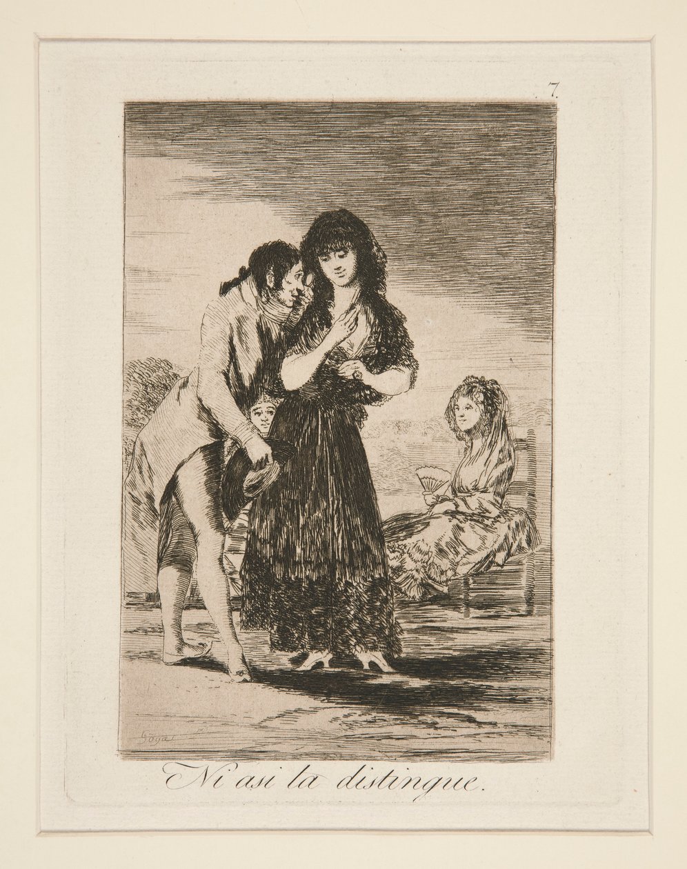 Ni asi la distingue (Mesmo assim, ele não pode fazê-la sair), pl. 7 de Los caprichos de Francisco de Goya