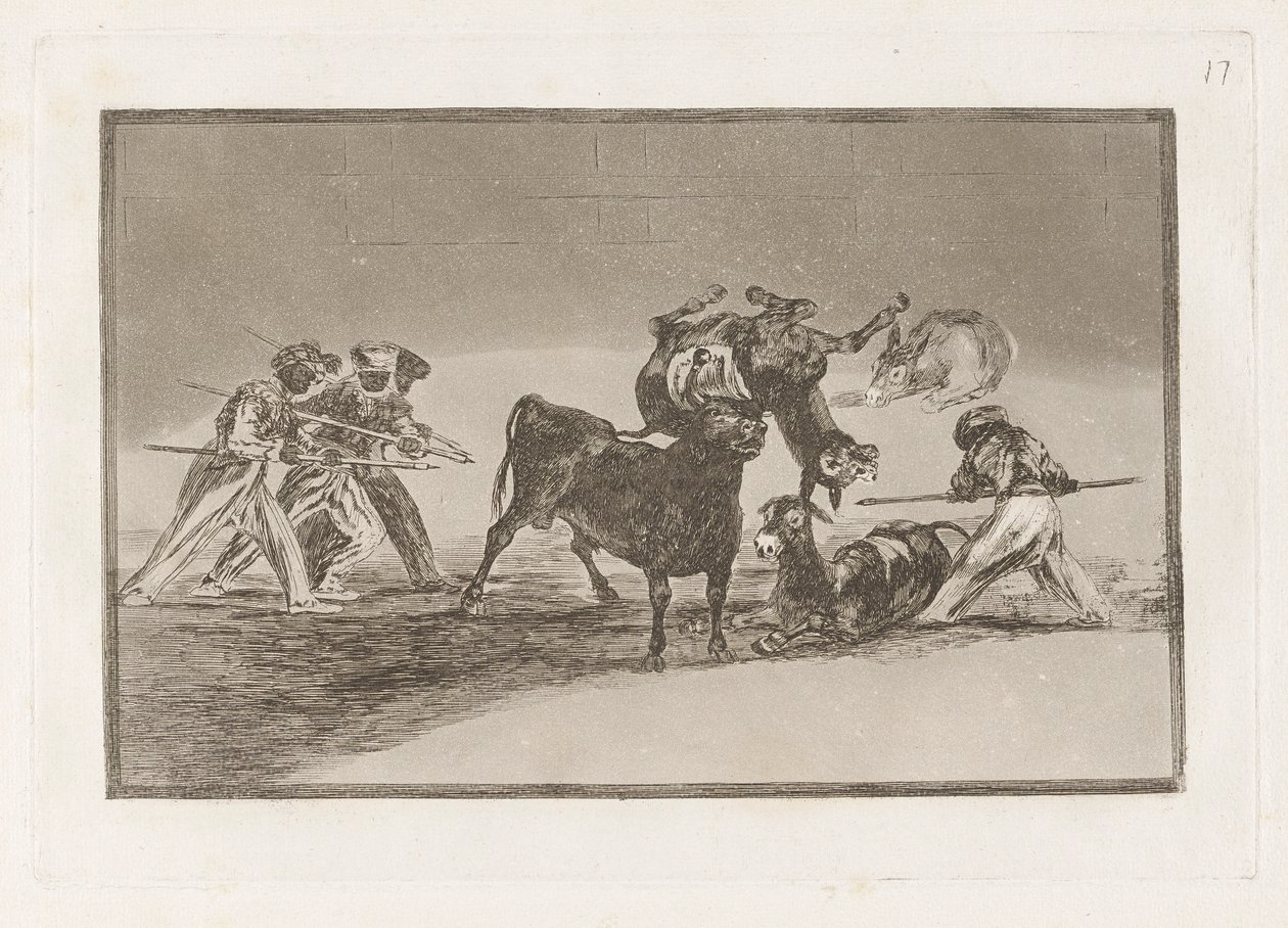 Palenque de los moros hecho con burros para defenderse del toro embolado (Os Mouros usam burros como barreira para se defenderem contra o touro cujos chifres foram derrubados com bolas), Placa 17 de La tauromaquia de Francisco de Goya