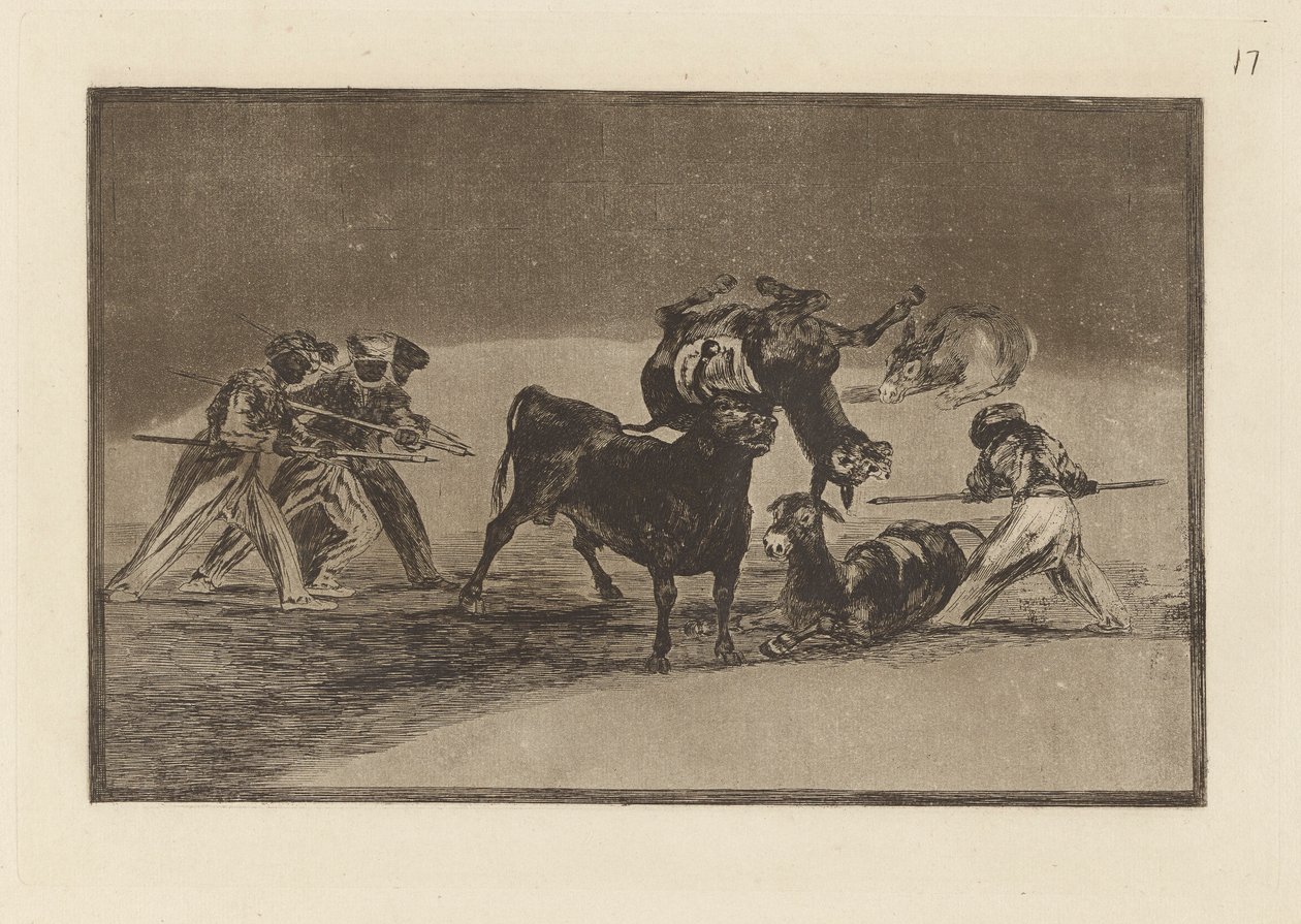 Palenque de los moros hecho con burros para defenderse del toro embolado (Os Mouros Usam Burros como Barreira para se Defenderem Contra o Touro Cujos Chifres Foram Derrubados com Bolas), Prato 17 de La tauromaquia de Francisco de Goya