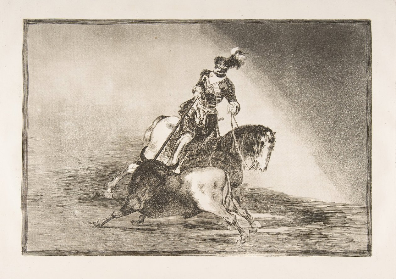 Ilustração 10 de La Tauromaquia: Charles V lança um touro no ringue em Valladolid, 1816. de Francisco de Goya