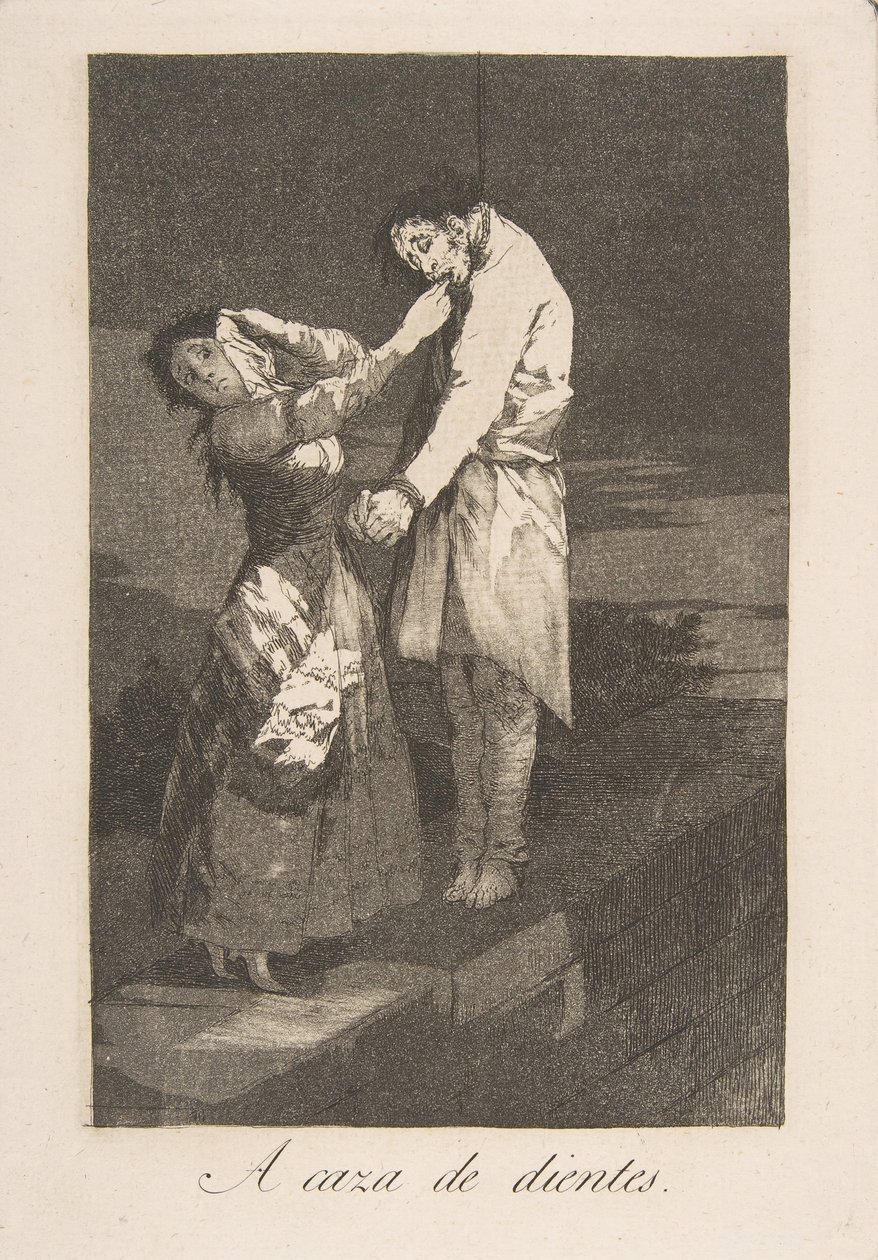 Ilustração 12 de Los Caprichos: Caçando dentes A caza des dientes., 1799. de Francisco de Goya