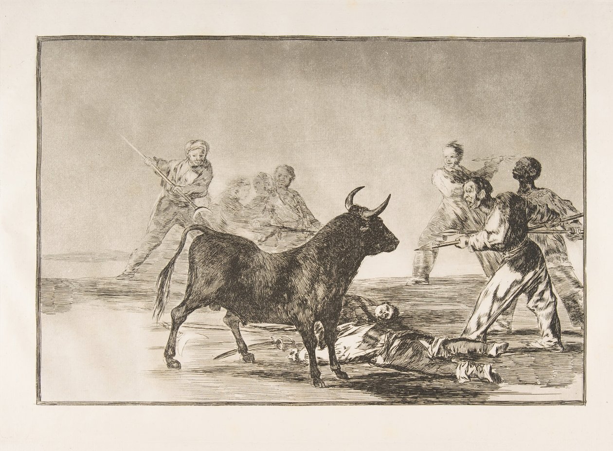 Ilustração 12 da Tauromaquia: A multidão isca o touro com lanças, foices, bande ..., 1816. de Francisco de Goya