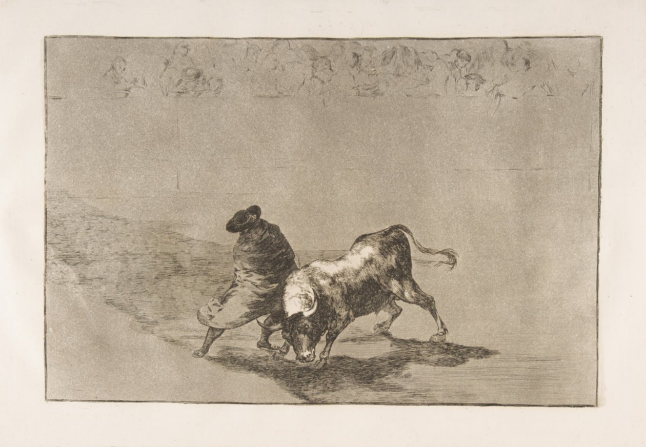 Ilustração 14 da Tauromaquia: O estudante muito habilidoso de Falces, embrulhado em sua capa ..., 1816. de Francisco de Goya