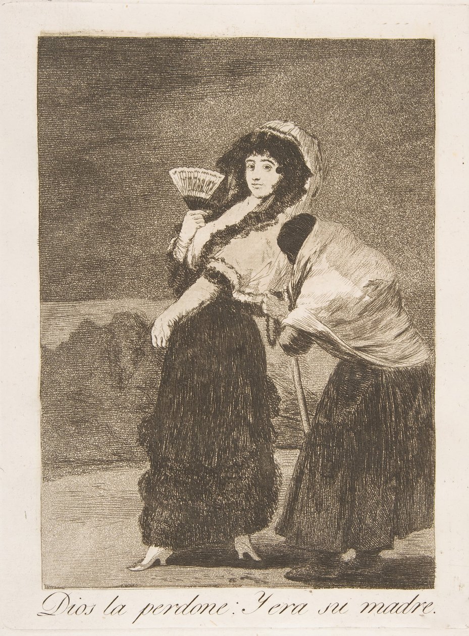 Ilustração 16 de Los Caprichos: Pelo amor de Deus: e era sua mãe Dios la Perdone: Y ..., 1799. de Francisco de Goya